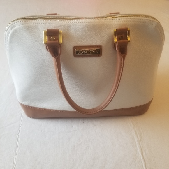 Joy & Iman Leather Timeless Chic Leading Lady Satchel Bag White and Tan Two Tone - Picture 2 of 14
